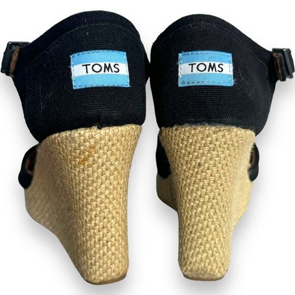 TOMS Black Canvas Open Toe Ankle Strap Wedge Heel Espadrille Sandals Size 8.5 - Picture 5 of 9